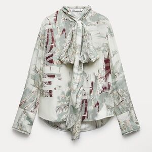 NWT Zara Zw Collection Silky Printed Bow Tie Neck Blouse Green Burgundy Size S